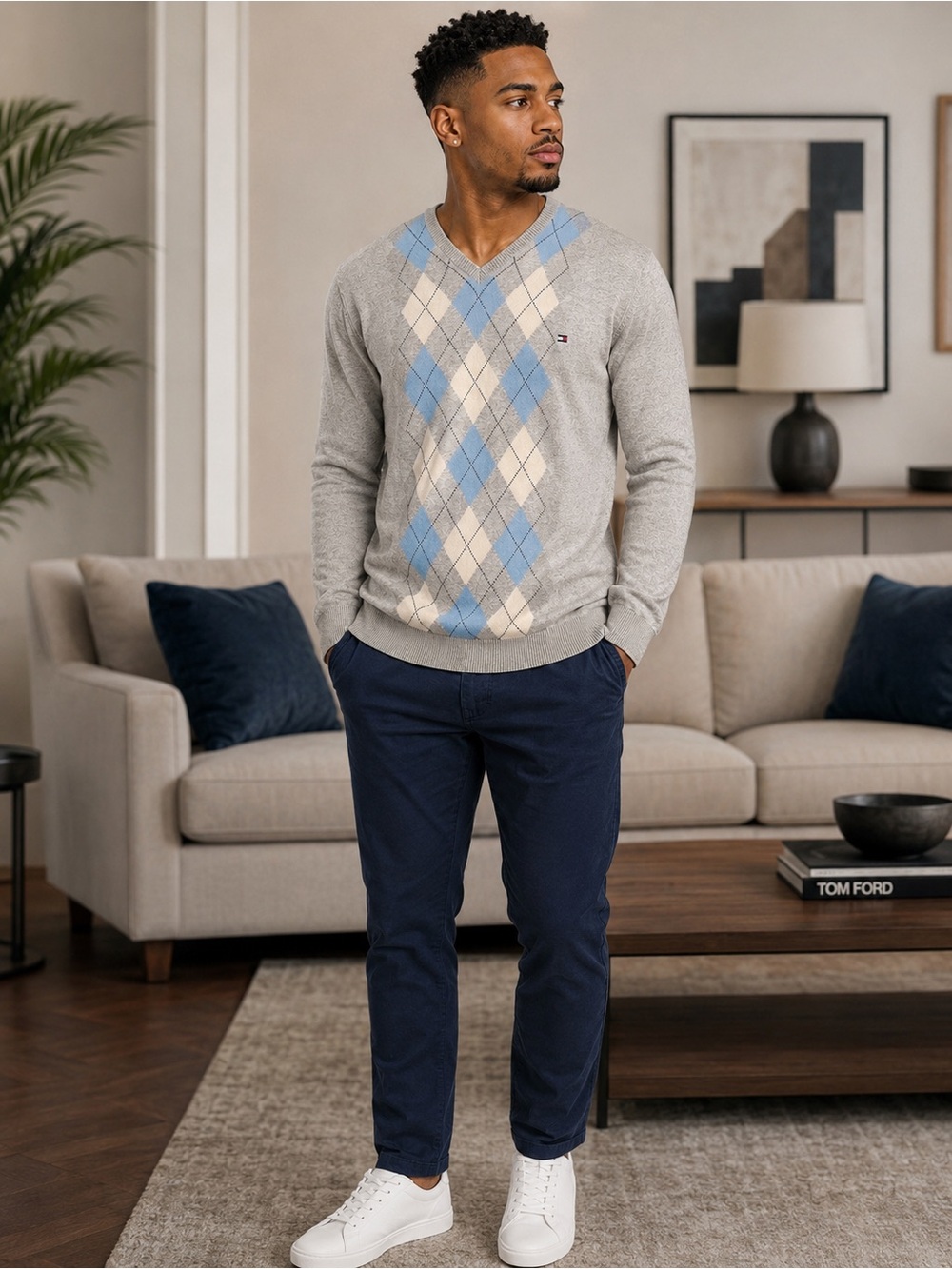 Tommy Hilfiger Gray V-Neck Sweater with Blue and Cream Argyle